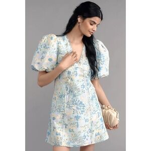 Lovaan Floral Puff Sleeve Mini Dress Blue Yellow V-Neck Summer Garden Party NEW